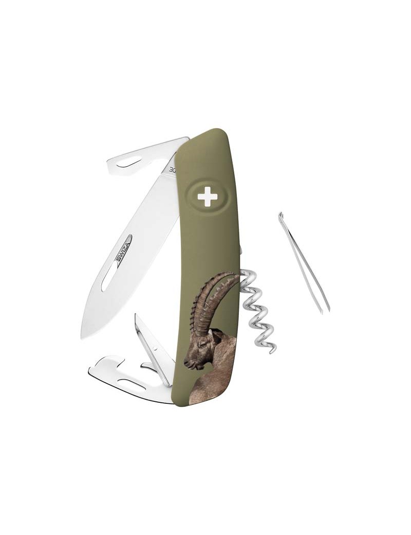 Schweizer Taschenmesser mit geöffneten Werkzeugen und Motiv auf der Griffschale